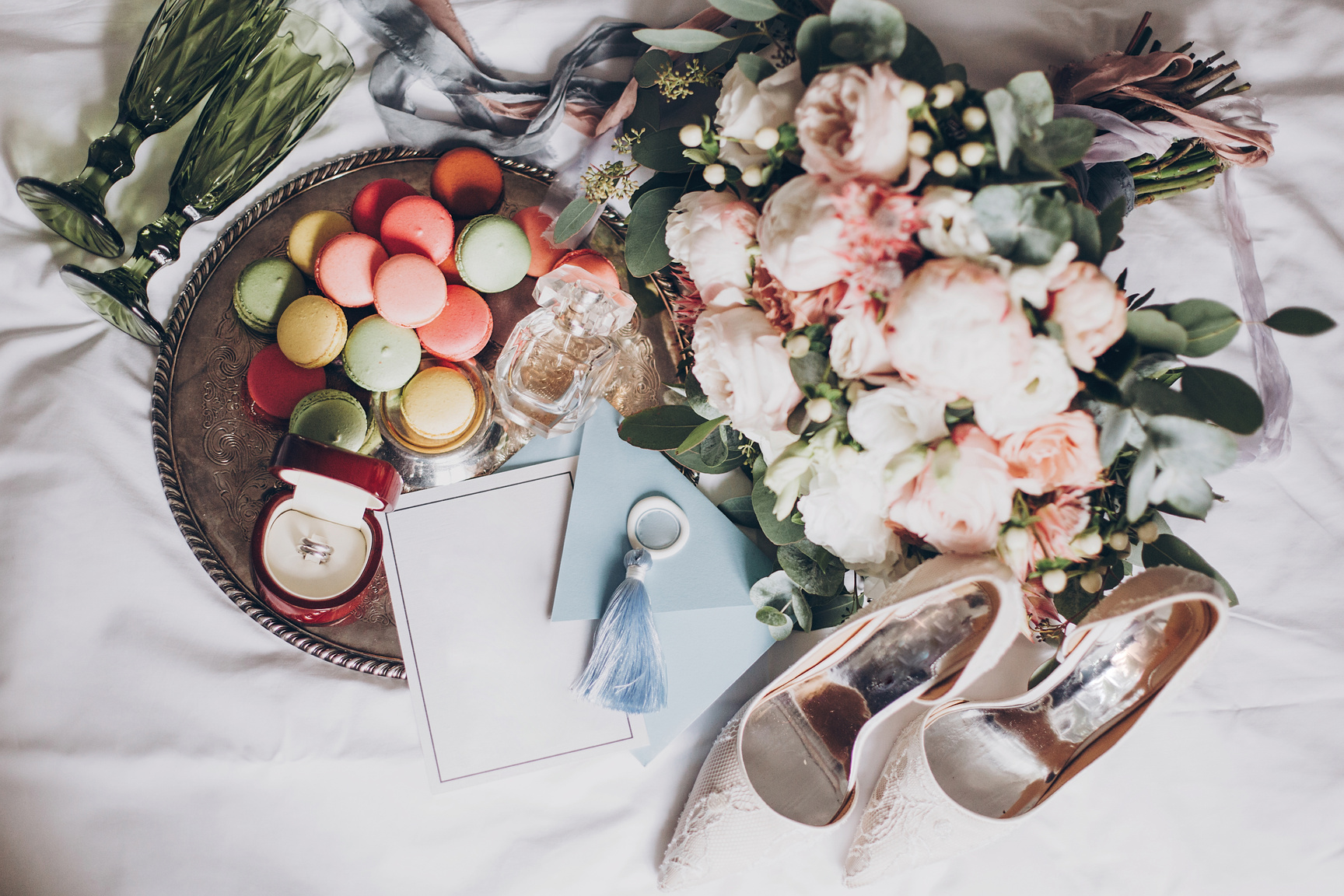 Modern Wedding Bouquet, Wedding Rings, Stylish Invitation, Perfu
