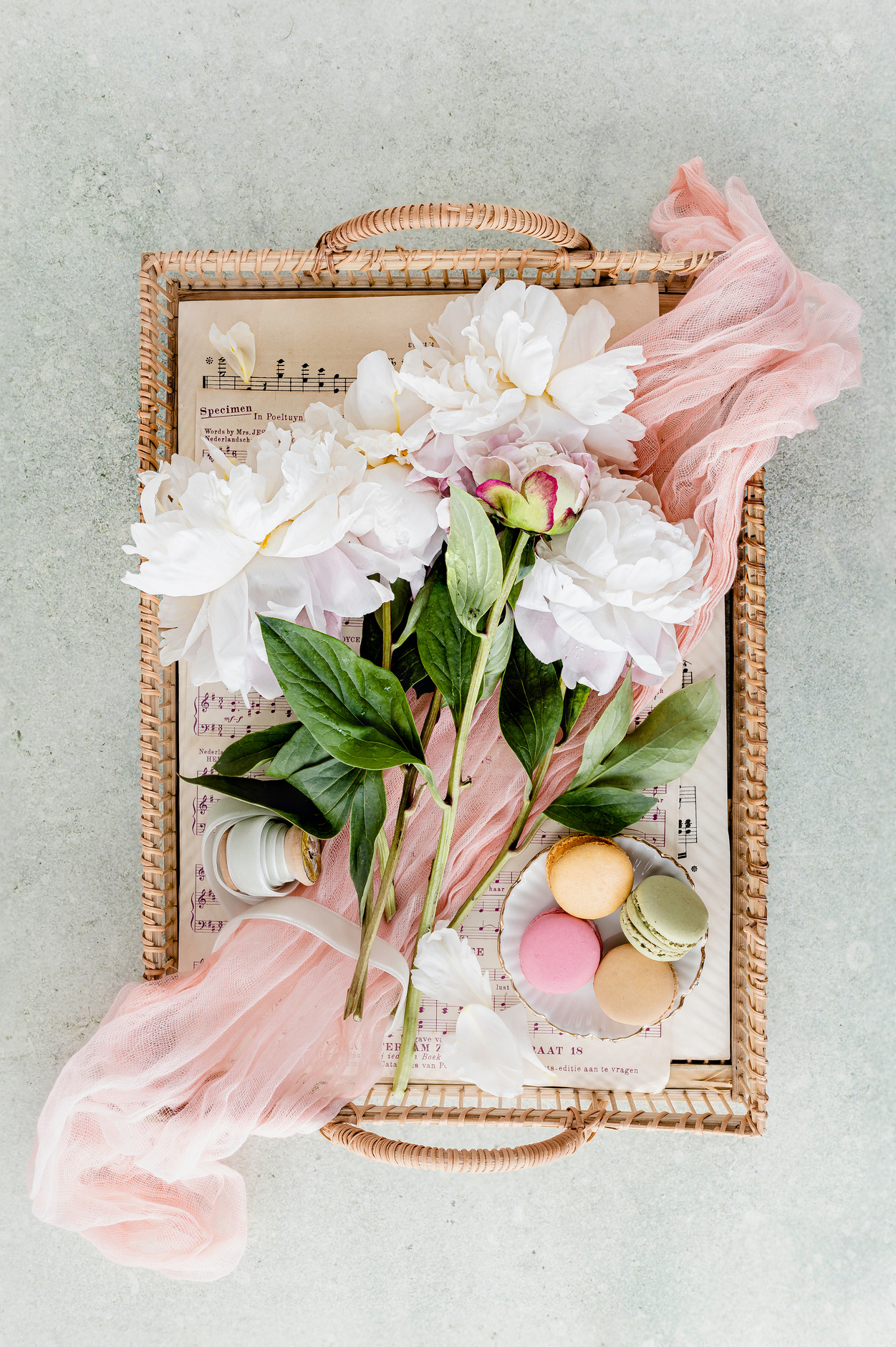 Peonies & Macarons on a Woven Tray
